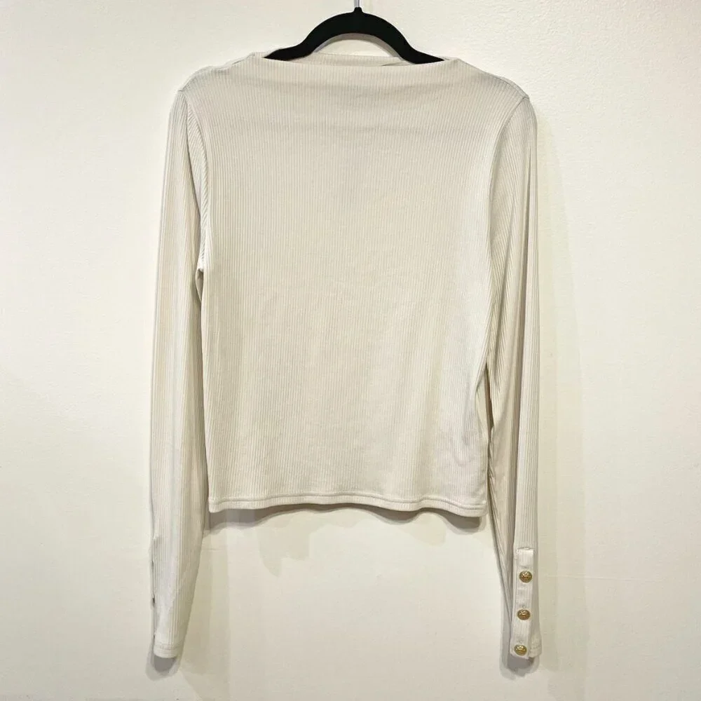New J.Crew Vintage Rib Split Neck Button Cuff Knit Top Natural Large